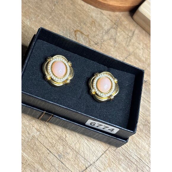 Vintage Gold-Tone Earrings With Coral-Like Center & Rhinestone Accents - Picture 2 of 7